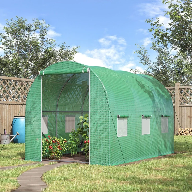 Wohnora-Tunnelgewächshaus, 6 m² Grundfläche, 3 m L x 2 m B x 2 m H, Stahl, Reißverschlusstür, 6 aufrollbare Fenster, Grün,H 1980cm x T 1500cm x B 1960cm – Bild 2