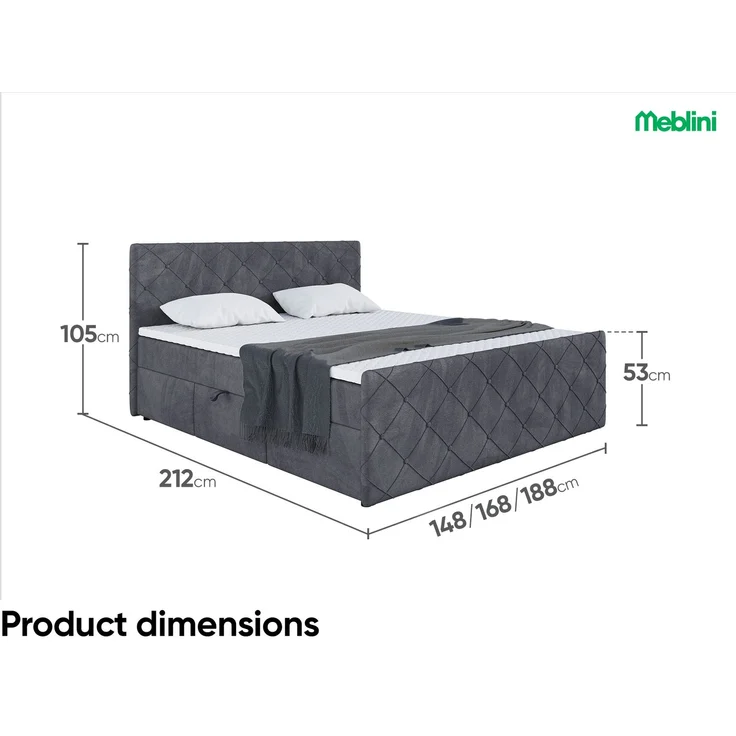 MEBLINI Boxspringbett HENRY 180x200cm - H3B/Dunkelgrau Samt - mit Bettkasten - Polsterbett - Doppelbett mit Topper & Bonellfederkern-Matratze – Bild 7