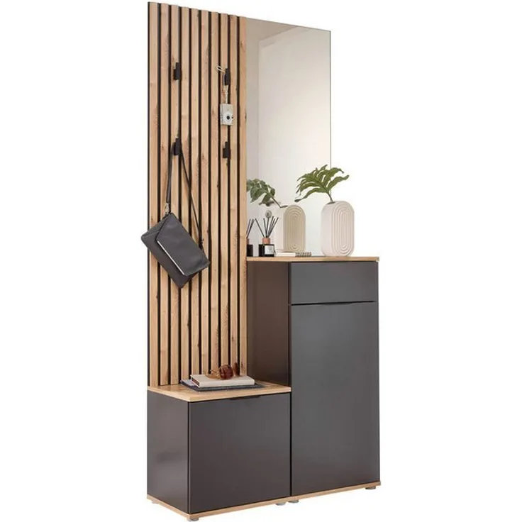 moebel-dich-auf Kompaktgarderobe EASY (Paneel + Bank + Spiegel + Schuhschrank, in 2 Farbvarianten, Lamellenoptik) 88 cm breit