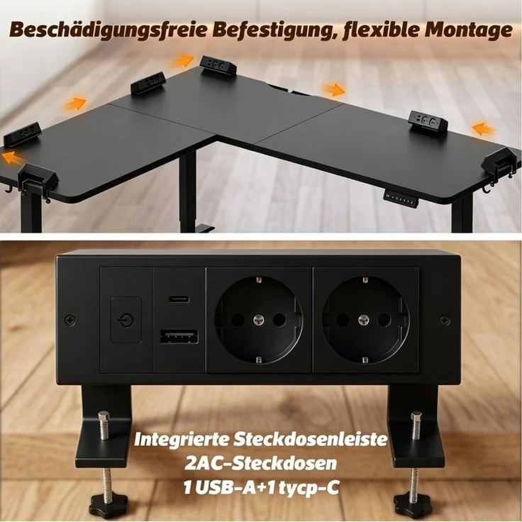 HOMALL Schreibtisch 20 mm starker EckSchreibtisch, L-förm höhenverstellbarer Schreibtisch (Maße: 160 × 140 / 190 × 155, 20 mm dicke Tischplatte, Tragkraft bis zu 100 kg, mit beweglicher Steckdose, in 3 Stufen höhenverstellbar) – Bild 3