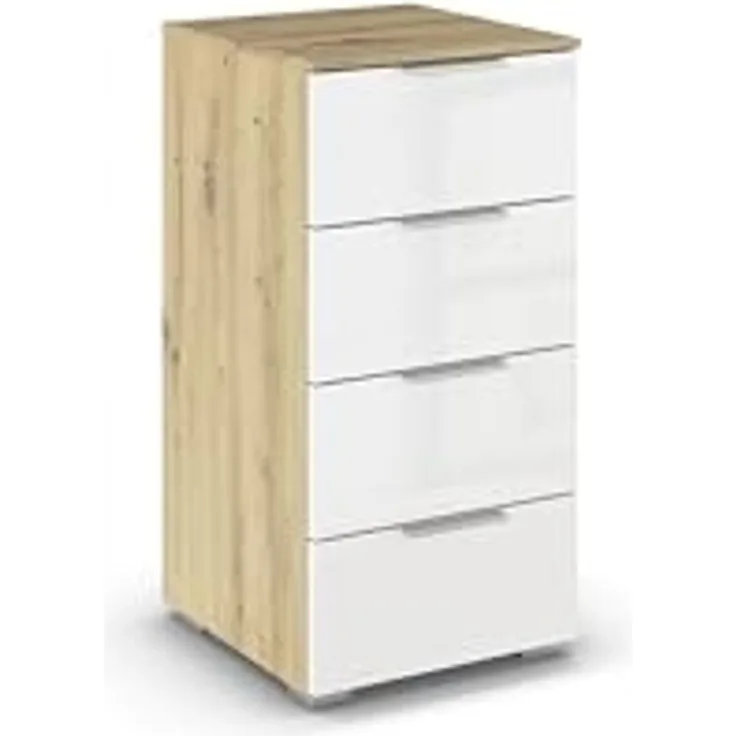 Rauch Möbel Alabama, Kommode für Schlafzimmer, Kinderzimmer, Garderobe, Flur, mit 4 Schubladen, Soft-Close-Funktion, Farbe Weiß Hochglanz/Eiche Artisan, Holz, Griff Alufarben, Maße 40 x 81 x 42 cm