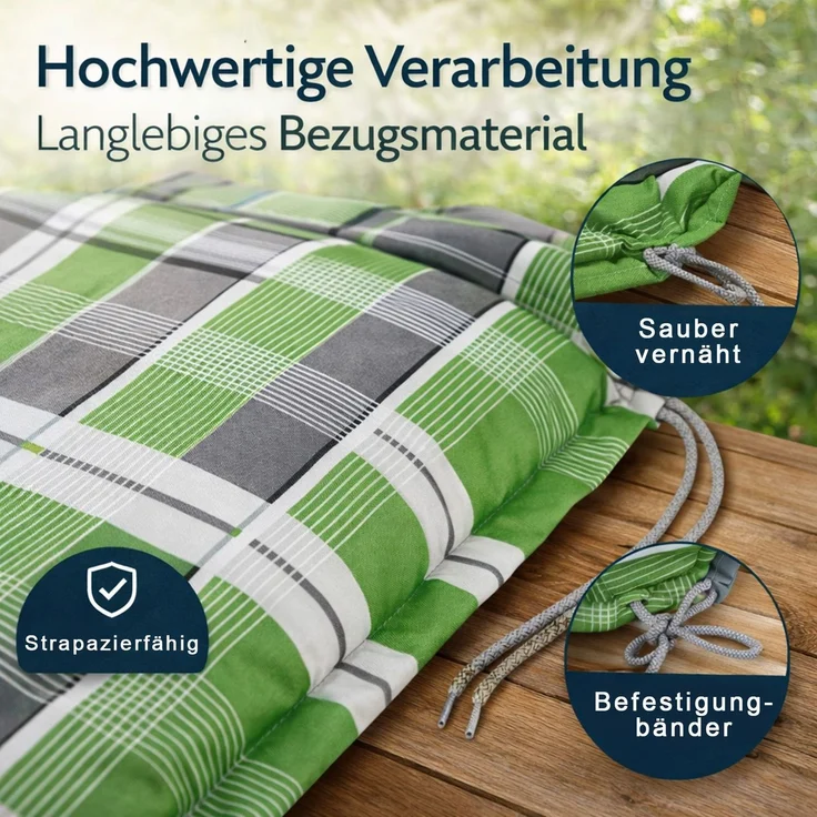BURI 4x Auflagen Set Hochlehner für Gartenstühle 120x48x7cm Sesselauflagen Polster UV Lichtecht - Gartenstuhlauflagen Karo Muster Stuhlkissen mit Dicker Schaumstoff Füllung (Grün/Grau) – Bild 6