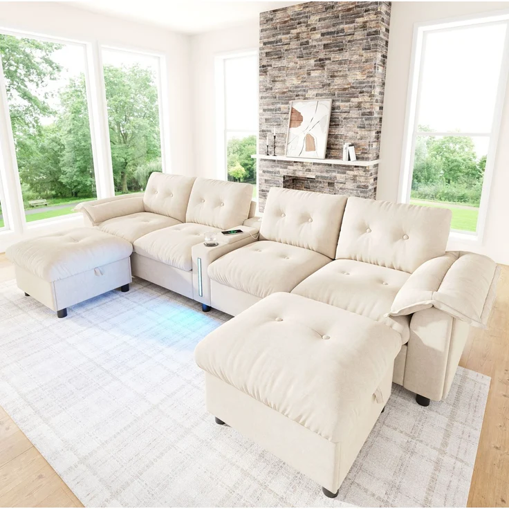 DESVIAE Sofa Modulares 6-Sitzer-Ecksofa Beige aus Chenille – 312x82x142 cm – Stauraum-Hocker, LED-Beleuchtung – Bild 2
