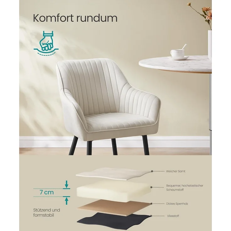 SONGMICS Esszimmerstuhl mit Armlehnen, 4er Set, Samt, 62,5 x 60 x 85 cm, Cappuccinobeige – Bild 5