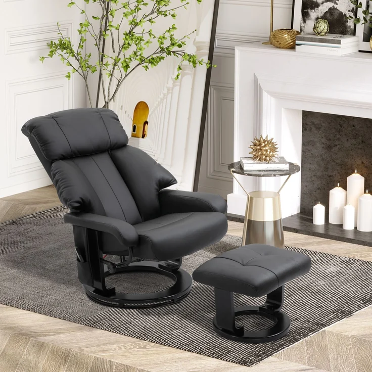 Wohnora-Relaxsessel mit Hocker, drehbarer Fernsehsessel mit Massagefunktion, Liegefunktion, Massagesessel mit Fernbedienung, Seitentasche, Ruhesessel aus Kunstleder für Wohnzimmer Schwarz,H 1020cm x T 760cm x B 800cm – Bild 3