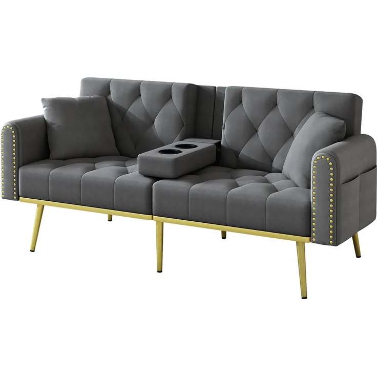 ZUBALIYA Schlafsofa 80x73.5 cm, mit LED - Beleuchtung, mit Stauraum, mit Leiter, mit Samtbezug, mit breiten Armlehnen, Gold – Bild 10