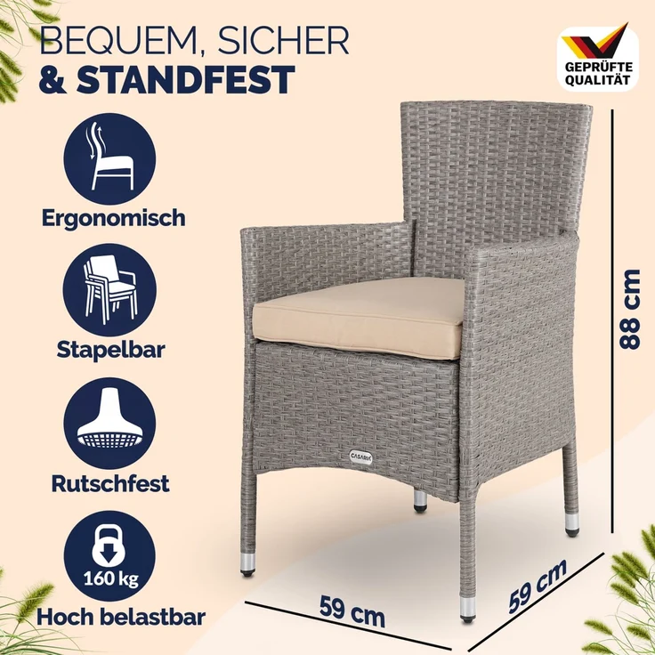 CASARIA® Polyrattan Gartenstühle 4er Set Creme – Bild 2