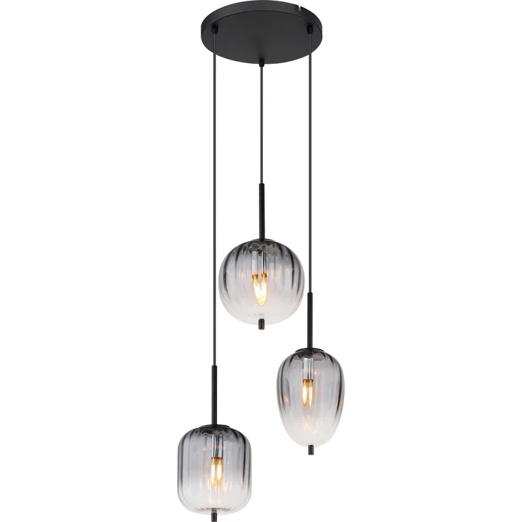 Globo Lighting Hängeleuchte Attila, Pendelleuchte aus schwarz mattem Metall mit rauchfarbenem Glas, 3x E14, Ø 460 mm, Höhe 1200 mm