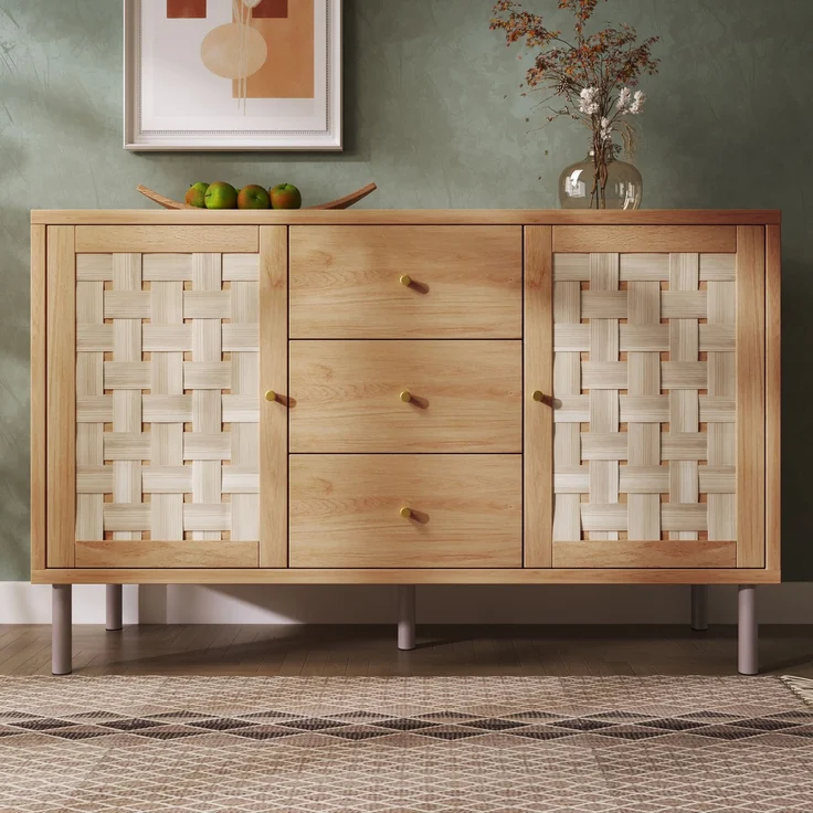 Merax Sideboard, Landhaus-Kommode 120x40x75 cm, eichefarben, mit 2 Türen, 3 Schubladen, höhenverstellbare Einlegeböden, Metallbeine, Kippsicherung – Bild 1