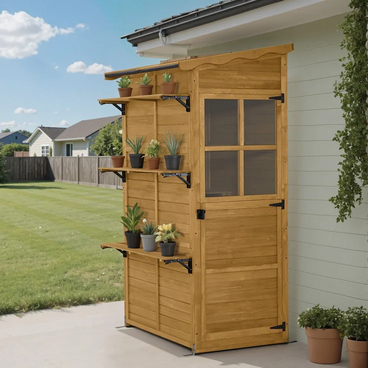 M MCombo Gartenschrank Gartenhaus Holz Wetterfest, Outdoor Schrank Wetterfest, Geräteschuppen Begehbar, für Außenbereich Balkon & Terrasse, Gerätehaus mit 3 feste Regale, 120×86×201 cm, 1753 (Natur) – Bild 2