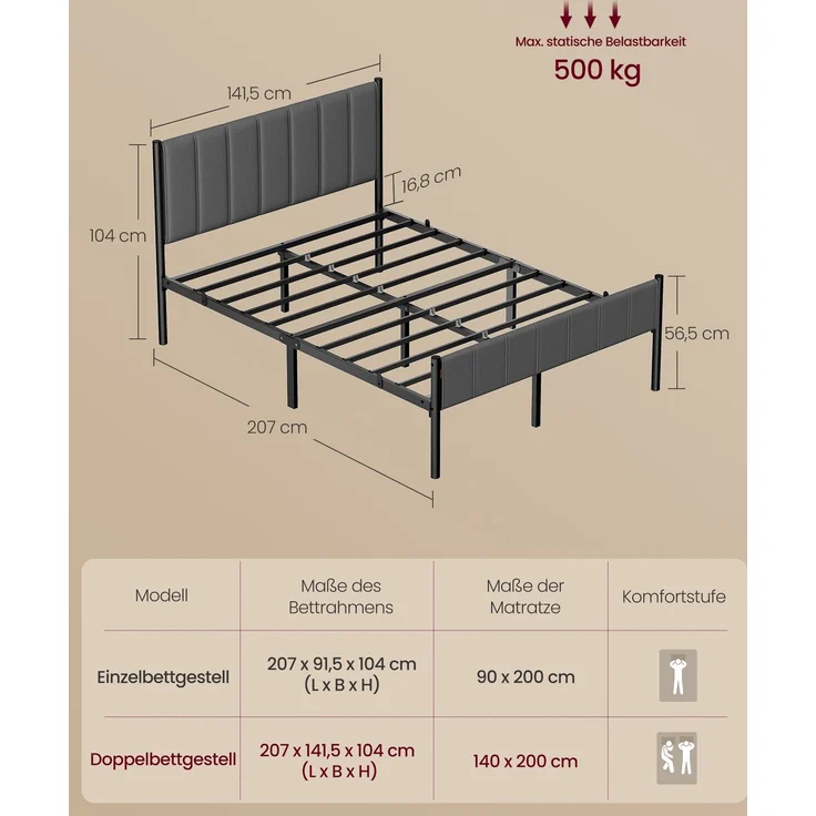 VASAGLE Doppelbett, Bettgestell, 140 x 200 cm, mit gepolstertem Kopfteil, Bettrahmen, Stahl, trägt bis zu 500 kg, grau – Bild 5