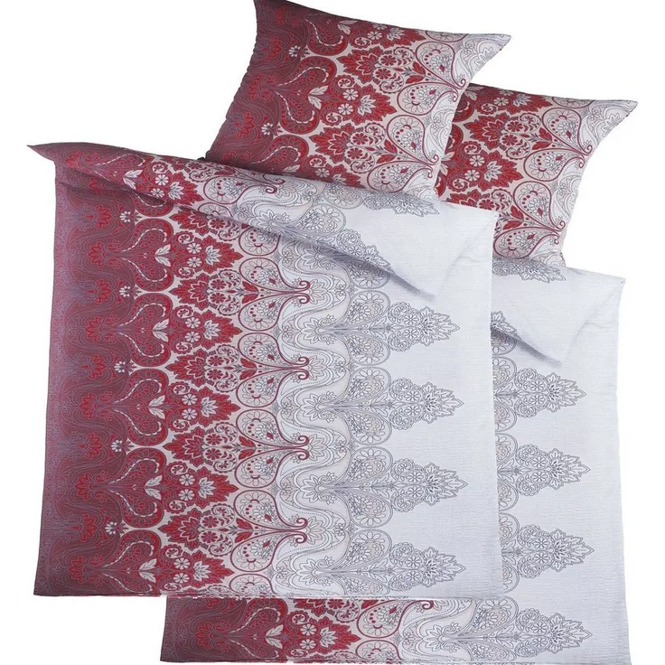 KH-Haushaltshandel Bettwäsche 4-tlg. Seersucker Bettwäsche 2x (135x200 +80x80cm), Ornamente, Seersucker, 4 teilig, rot grau weiß, Microfaser, bügelfrei