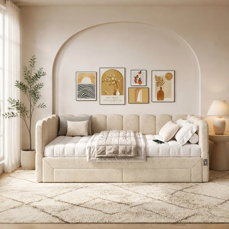 CHICFURN Bett aus Chenille Beige 90/180x190 cm ausziehbar mit 2 Schubladen und USB- und Type-C-Anschlüssen – Bild 2