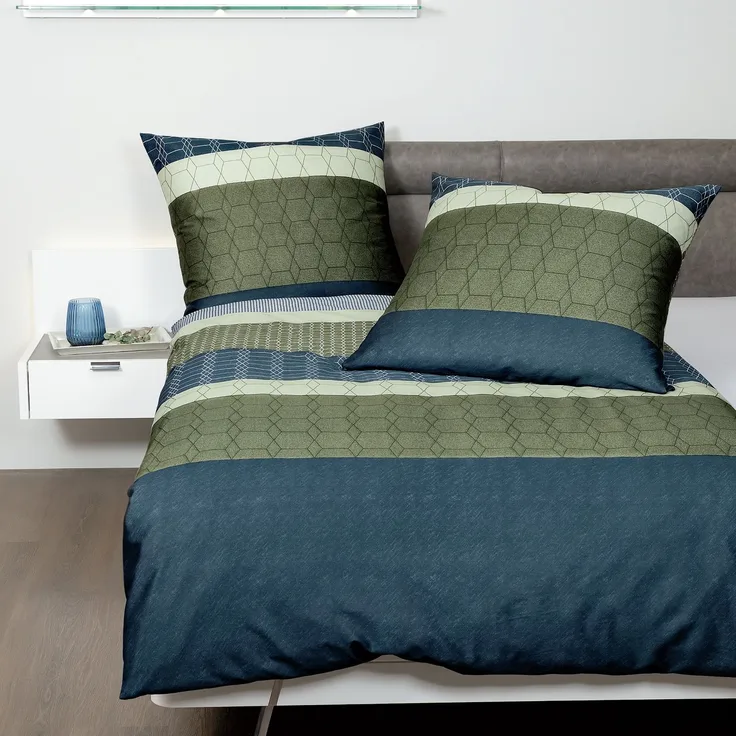 Janine Mako Satin Bettwäsche Moments 98072-02 Streifen oliv 135x200