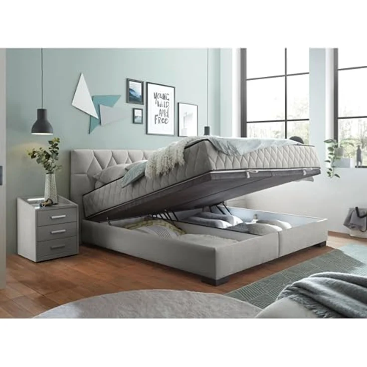 NAGOL B Boxbett 180x200, Silber - Bequemes Doppelbett mit Bettkasten und Premium 9-Zonen-Federkern Wendematratze - 205 x 114 x 214 cm (B/H/T) – Bild 5