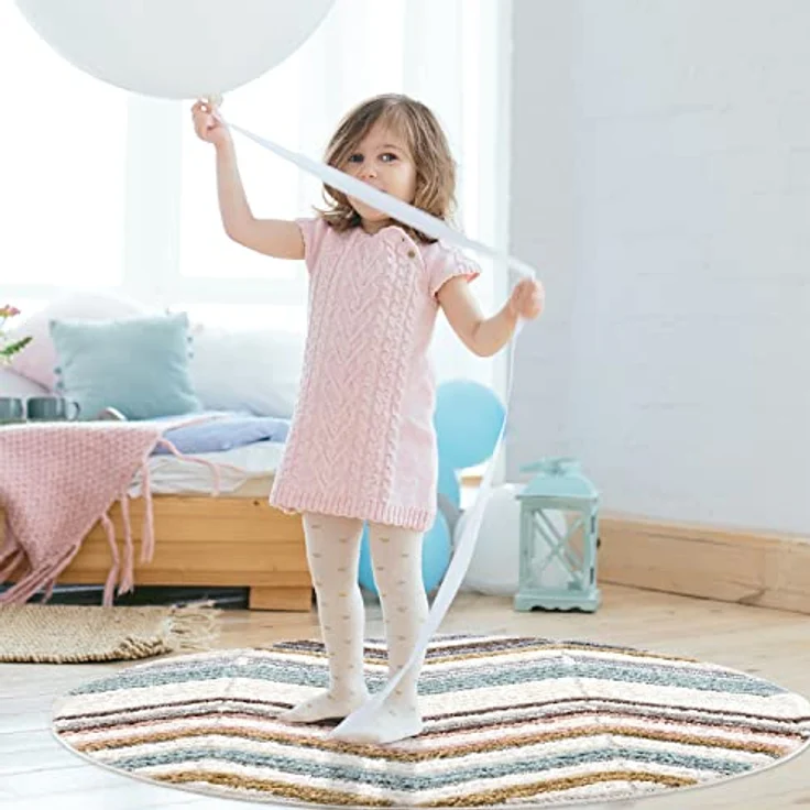 Teppich Rund - Hochflor - 120x120cm - Boho - Geometrisch Zick Zack - Muster -Pastellfarben Multi - Skandinavisch Flauschig Weich - Wohnteppich Schlafzimmer Dekoration – Bild 6