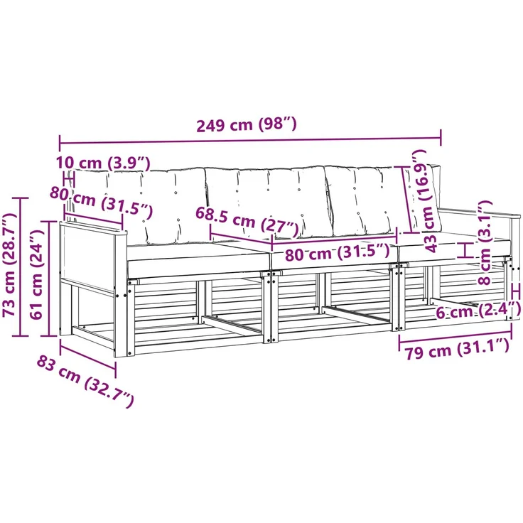 vidaXL Outdoor-Sofagarnitur mit Kissen 3 pcs Natürlich und Schwarz 3381220 – Bild 5