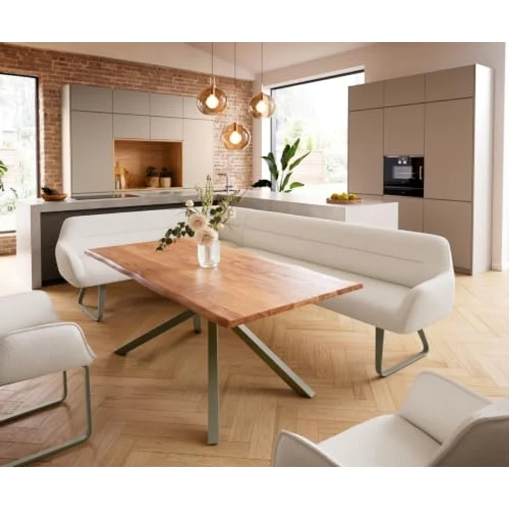 Esszimmerbank Taya-Flex 285x190 cm Bouclé Creme-Weiß Kufengestell flach Effektfinish Titan Taschenfederkern Rechts – Bild 2