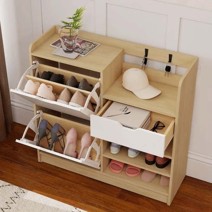 Schuhschrank Mit Umklappbaren Schubladen & Haken - Schuhkipper Modern Mit Holzoptik Und Kippschutz, Bis EU 45 – Bild 2