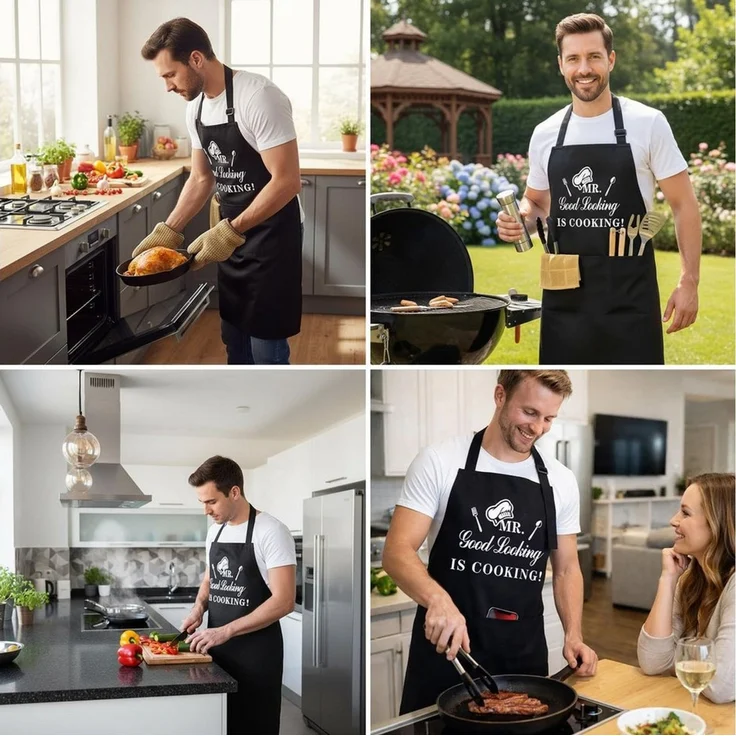 FOUORTUNATE-BEE Kochschürze Schwarze Kochschürze Herren Grillschürze Papa Küchenschürze, Grillschürze für BBQ, Küche, Vatertag und Gartenparty Geschenk – Bild 4