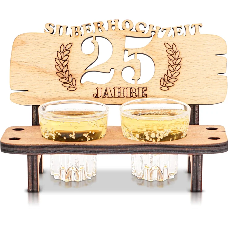 DARO Design - Schnapsbank 25. Hochzeitstag Silberhochzeit Geschenk Deko für Paare Männer Frauen aus Holz mit Gläsern