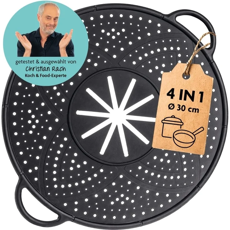 Rachs KOCHWERK Spritzschutzdeckel Silikon Überkoch- und Spritzschutz 31cm schwarz, für Pfannen und Töpfe Abgießhilfe Spritzschutz Dampfgarer Untersetzer – Bild 1