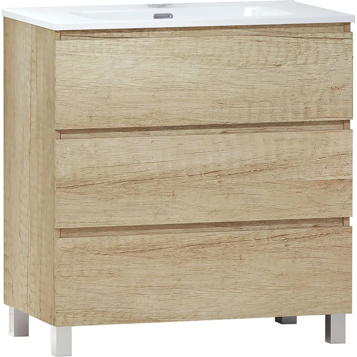 Baikal LESI 280034103 Badezimmer mit Beinen, Spiegel mit LED-Licht, DREI Schubladen, Maße Waschbecken: 80 x 76 x 46 cm, Farbe Natur, Melamin 16 mm, 80 x 55 x 46 cm