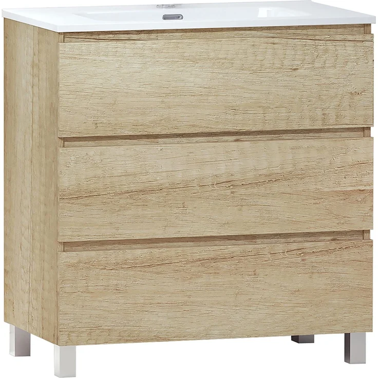 Baikal LESI 280034103 Badezimmer mit Beinen, Spiegel mit LED-Licht, DREI Schubladen, Maße Waschbecken: 80 x 76 x 46 cm, Farbe Natur, Melamin 16 mm, 80 x 55 x 46 cm