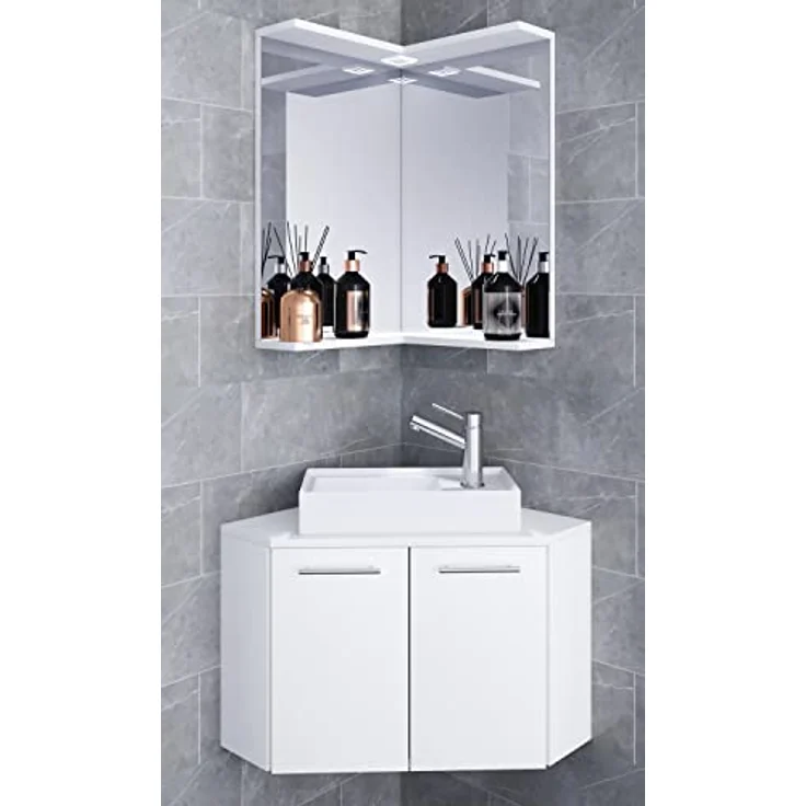 VCM Badmöbelset Vilosa, 3-tlg. Eck Set für Gäste-WC mit hochwertigem Keramik-Waschtisch und Spiegel, weiß – Bild 2