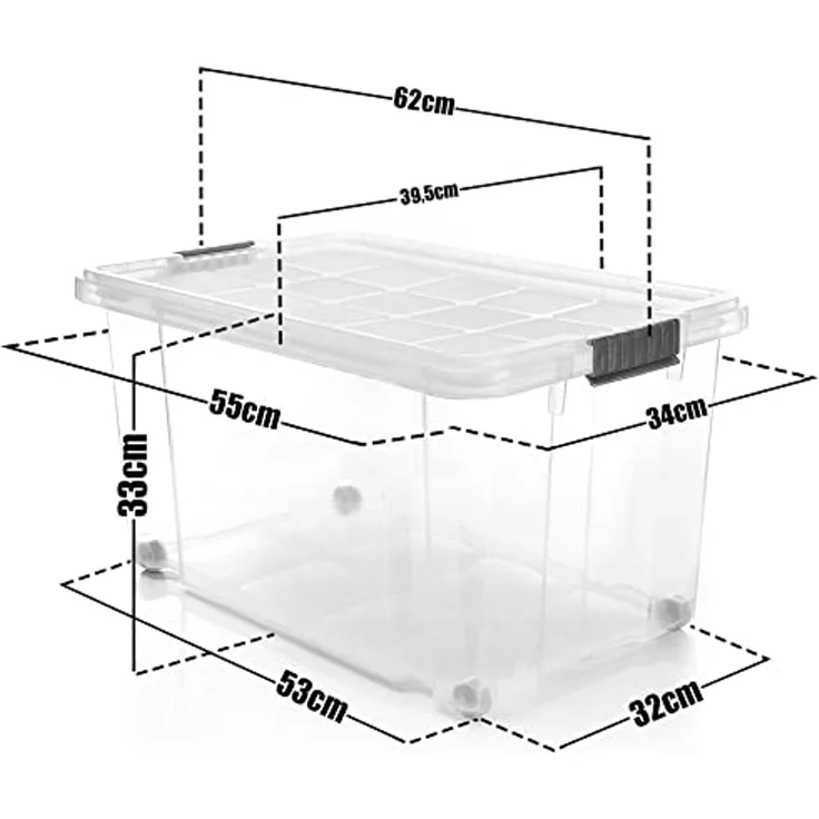 BigDean 4 Stück 60 L Aufbewahrungsbox mit Deckel groß transparent - stapelbare robuste Box - rollbare Stapelbox mit festen Klickverschlüssen - Made in Germany – Bild 3