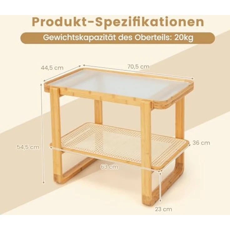 COSTWAY Beistelltisch, Couchtisch mit abnehmbarer Glasplatte und Rattanablage, Kaffeetisch mit Gestell aus Bambus, Nachttisch 70,5 x 44,5 x 54,5 cm – Bild 3