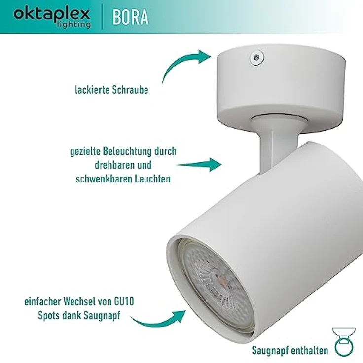 Oktaplex Bora Deckenstrahler 1-flammig, schwenkbar GU10 LED Spotleuchte in matt weiß, Aluminium, 230V – Bild 3
