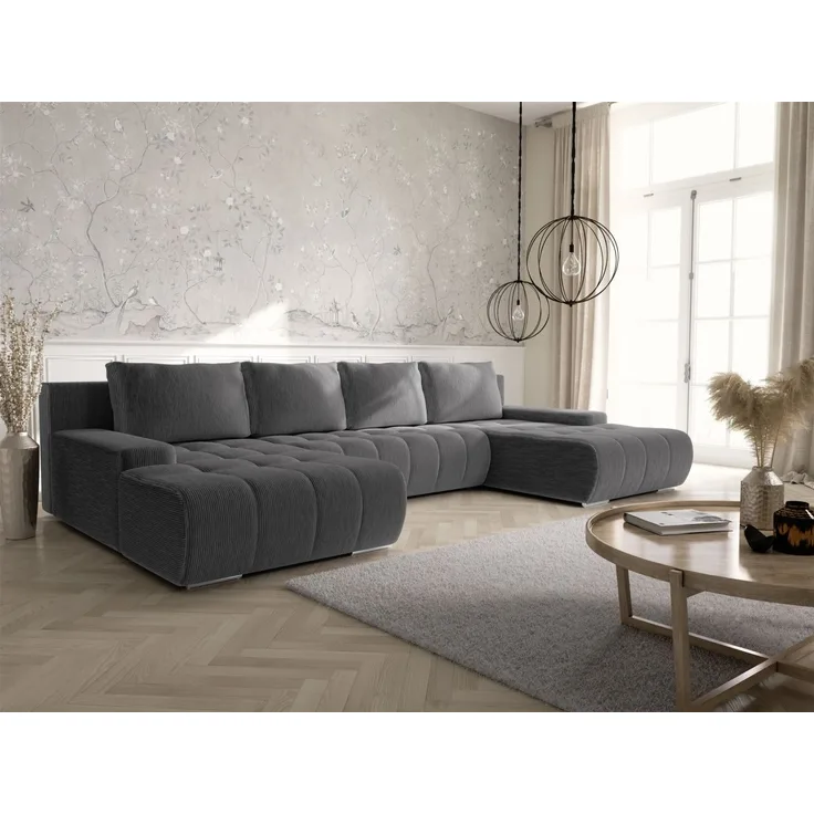 Wohnlandschaft Sofa mit Schlaffunktion VOGAR Stoff Poso Dunkelgrau