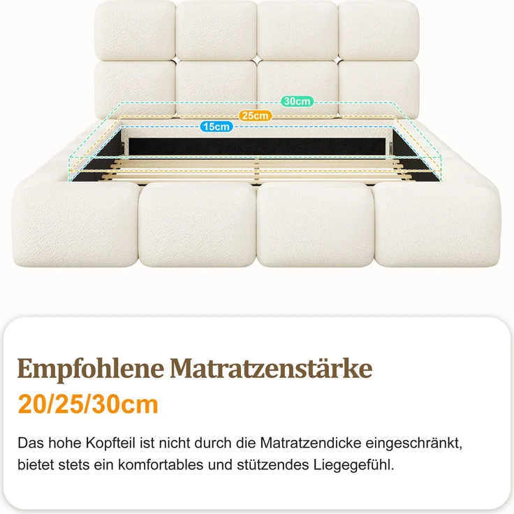 Merax Polsterbett, Doppelbett, 160*200cm, Wolkenbett, Bubble Design, Bett mit Lattenrost und gepolstertes Kopfteil, Bouclé, Weiß – Bild 6