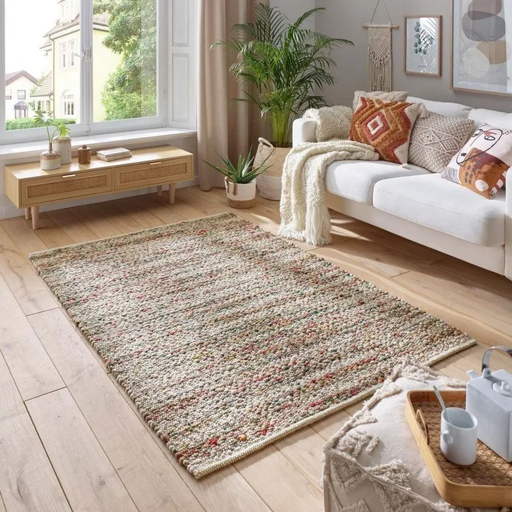 TaraCarpet Wollteppich TaraCarpet Neuberg handgewebter Schurwollteppich aus gewalkter Wolle, rechteckig, Höhe: 15 mm, Handgewebt Teppich multi Wohnzimmer Schlafzimmer 090x160 cm