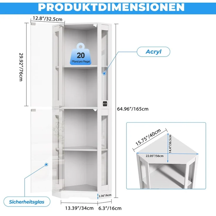 Eckvitrine 56x165x37 cm, 4-stöckiger Glasvitrinenschrank mit LED-Beleuchtung und Acryl-Seitentüren, Weiß – Bild 4