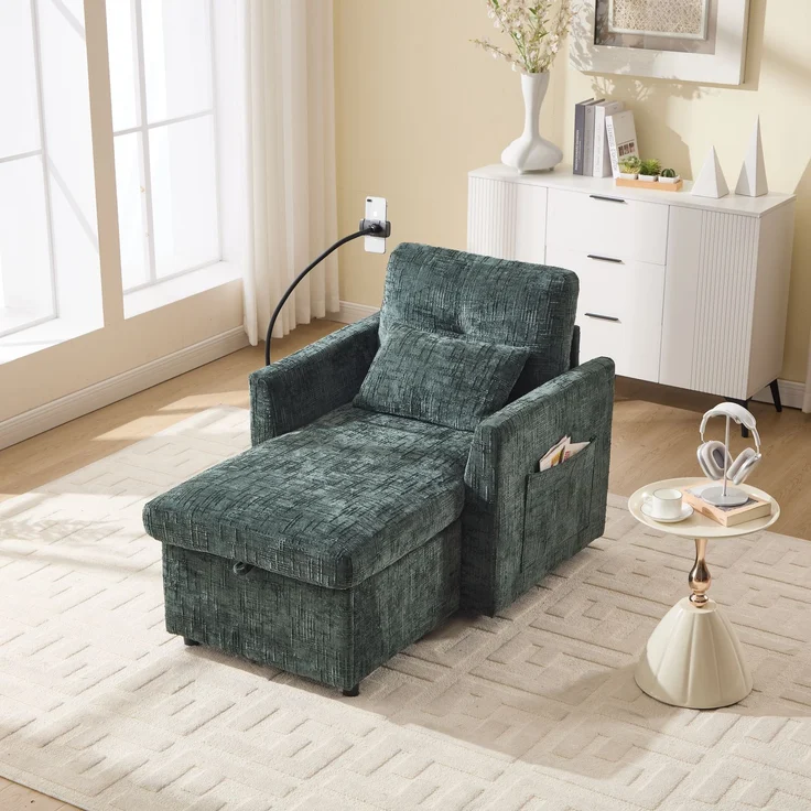 Loungesofa mit integriertem Handyhalter, großem Stauraum & Seitentaschen, Chenille Stoff-Sessel mit gepolsterten Kissen,Smaragd – Bild 5