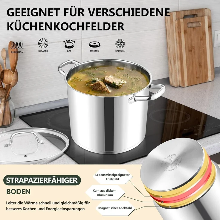 Joyfair Kochtopf 11,4L Edelstahl Glasdeckel 3 Lagen Boden Induktion – Bild 3