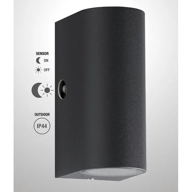 TRANGO LED Außen-Wandleuchte, Helligkeitssensor, 8012-RSAL LED UP & DOWN IP44 Außenwandleuchte aus Aluminium, Wandstrahler modern in Rund Anthrazit mit Dämmerungssensor (automatische Tag & Nacht-Schaltung) außen & innen Wandlampe, Außenlampe, inkl. 2x ...