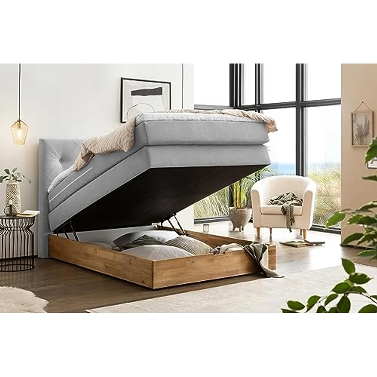 Belanoti MARBO Boxspringbett 140x200 mit Bettkasten 7-Zonen Taschenfederkern Matratze inklusive Visco Topper Bett 140x200 Eiche in der Farbe Hellgrau H2/H3 Polsterbett mit Massivholz Eiche – Bild 4