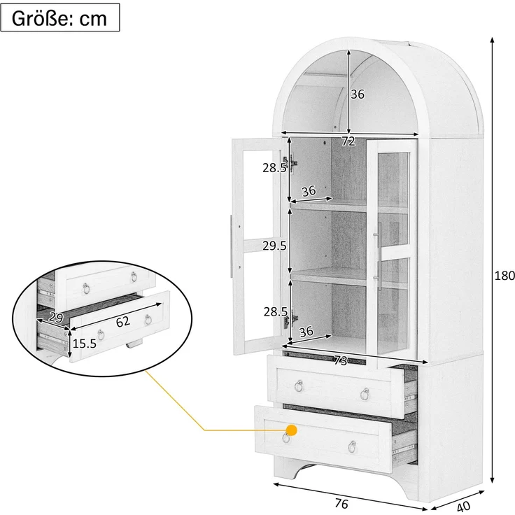 Highboard mit verstellbaren Regalböden und Schubladen, Küchenschrank mit transparentem Glas und großem Stauraum, Ideal für Esszimmer, Wohnzimmer und Küche (Schwarz)--Schwarz--76.2x40x180cm--YOUDENOVA – Bild 3