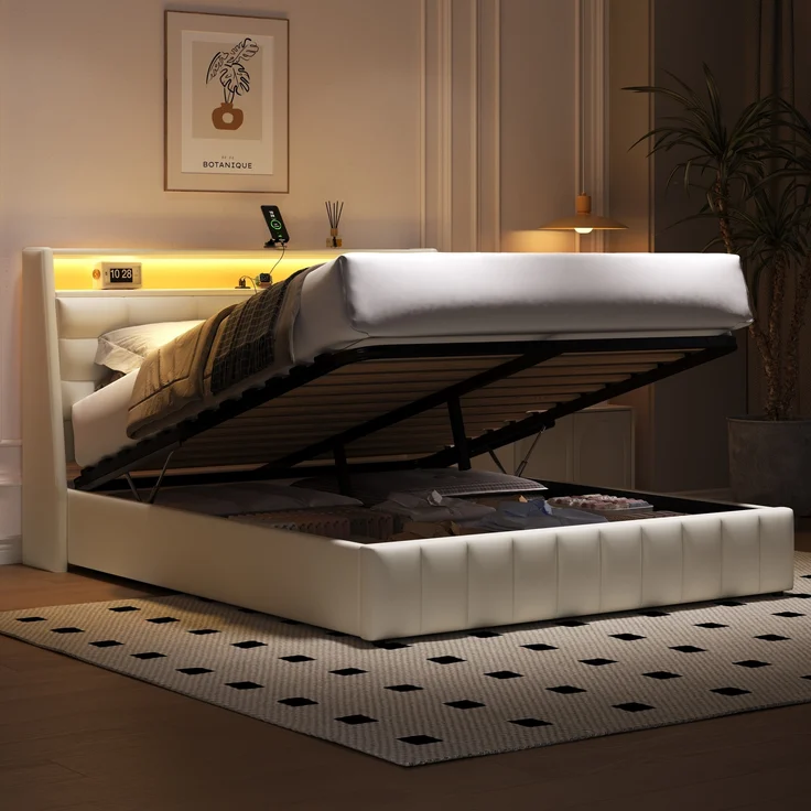 Gepolstertes Plattformbett, LED-Licht USB-Anschluss Stauraum unter dem Bett verstellbare Kopfteilkissen, Polsterstoff, Weiß, 160 x 200 cm – Bild 1