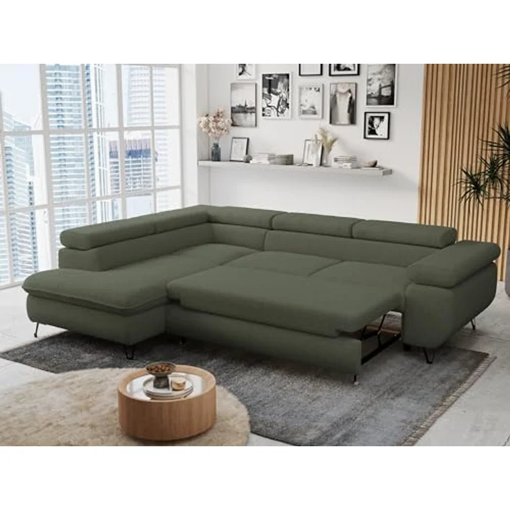 Mks Möbel 'Peter L-form' Ecksofa mit Bettfunktion, Bettkasten & einstellbaren Kopfstützen, Grün, Boucle, links – Bild 6