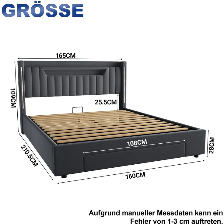Polsterbett 160x200 cm mit LED-Beleuchtung, Stauraum und Schublade – Ohne Matratze – Bild 4
