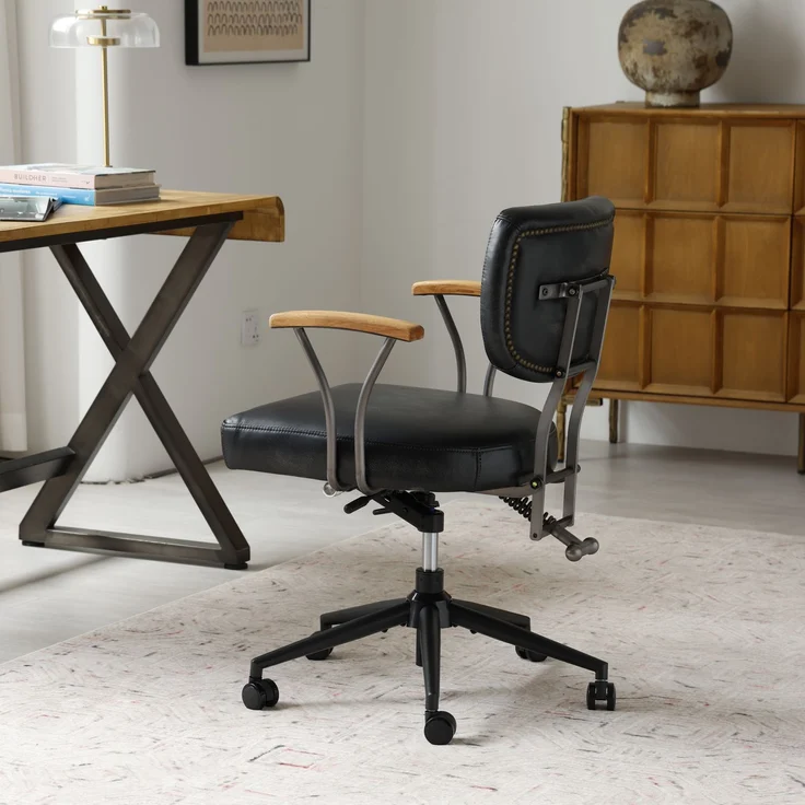 Bürostuhl aus Echtleder in Schwarz, ergonomisch, drehbar, höhenverstellbar, mit Rollen und Stahlrahmen, 1er-Set,H 82 x T 63 x B 51 cm – Bild 4