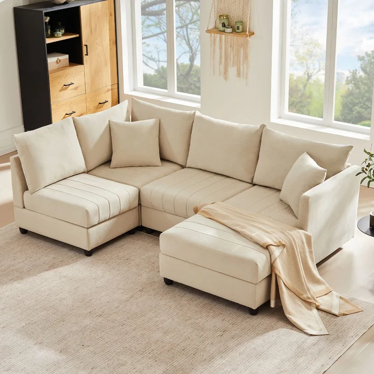 Wohnora-Modernes Ecksofa, Modulares Sofa, 5-Sitzer-Sofa, mit umwandelbarem Fußhocker, L-förmiges Sofa, U-förmiges Sofa, geeignet für Wohnzimmer, Wohnung usw [Old SKU: N653P2501G, N653P9510A],H 85cm x T 220cm x B 194cm,Beige