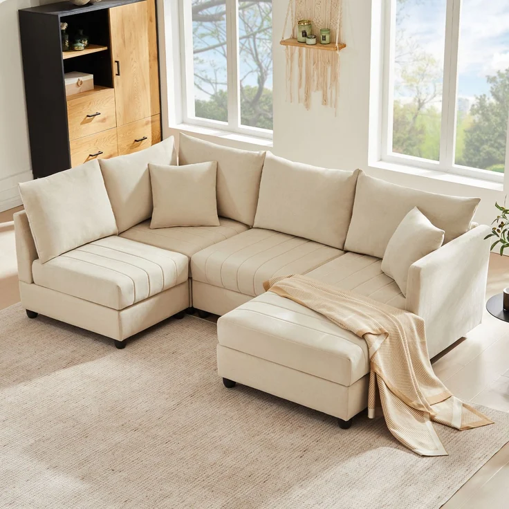 Wohnora-Modernes Ecksofa, Modulares Sofa, 5-Sitzer-Sofa, mit umwandelbarem Fußhocker, L-förmiges Sofa, U-förmiges Sofa, geeignet für Wohnzimmer, Wohnung usw [Old SKU: N653P2501G, N653P9510A],H 85cm x T 220cm x B 194cm,Beige – Bild 1