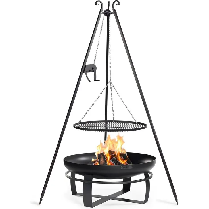 Cook King Stahl SET: Feuerschale „VIKING“ 80 cm mit Schwenkgrill 180 cm mit Kurbel und Grillrost aus Rohstahl 70 cm Schwarz