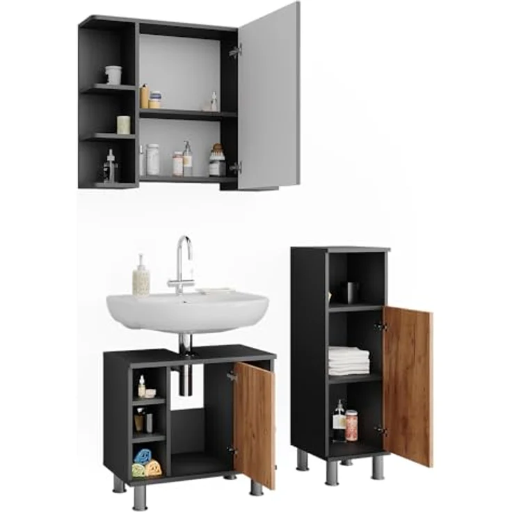Vichy Badmöbelset Fynn, 3-teiliges Badspiegelschrank-Set mit Midischrank, Anthrazit/Goldkraft Eiche, umfangreicher Stauraum – Bild 7