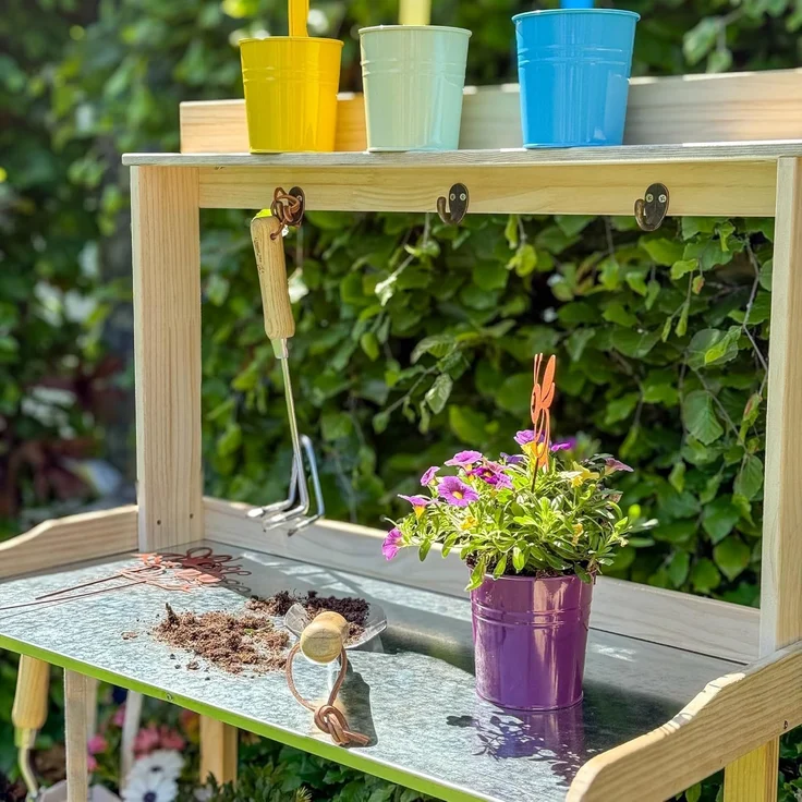 UNUS GARDEN Pflanztisch Mülleimer Bambus natur Papierkorb 3er Set (1-St, 78 x 36 x 131 cm (LxBxH), Pflanztisch aus Holz mit verzinkter Arbeitsplatte – Bild 4